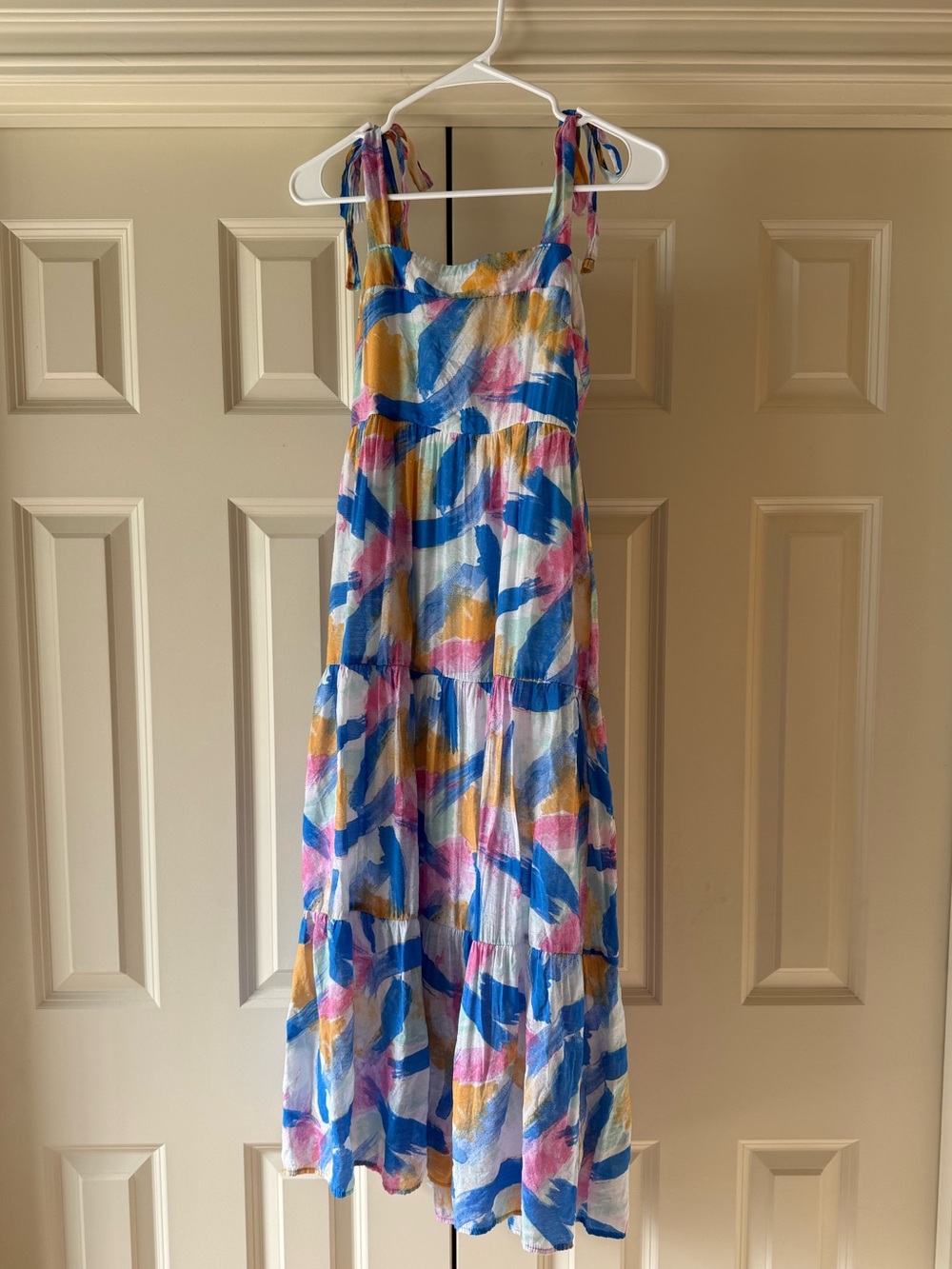 Blu PepperWomen’s Tie-Shoulder Tiered Sundress maxi dress in Blue, Pink & Yellow